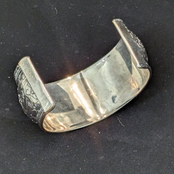 Vintage Sterling Silver Wide Cuff Bracelet - Ornate Floral Engraving & Repoussé - Picture 6 of 7